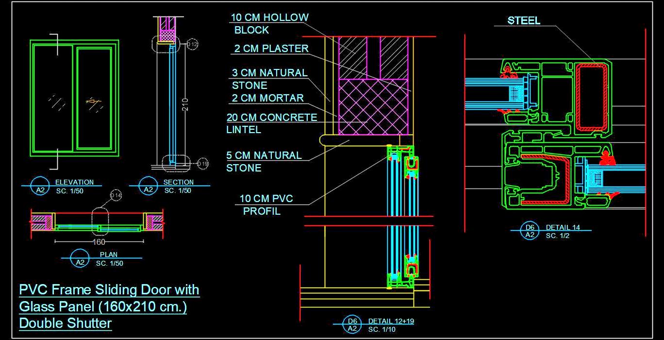 UPVC Sliding Door CAD Drawing- Elevation, Section, Materials